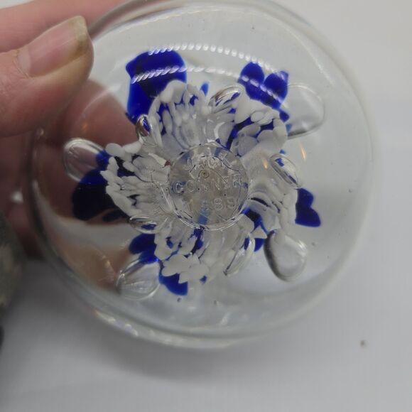 Vintage Jack Conner Paperweight 80s Glass Controlled Bubbles Blue Floral - Picture 6 of 8